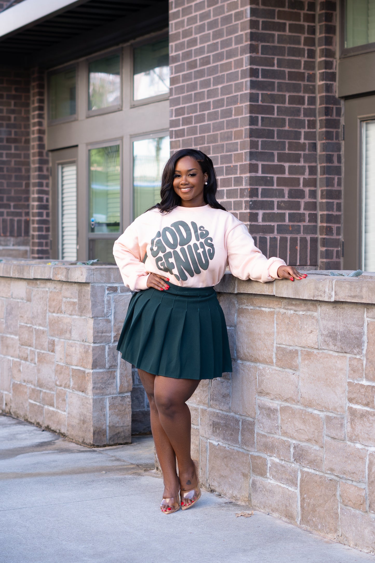 "GOD IS GENIUS" PUFF PRINTING PULLOVER (PEACH)